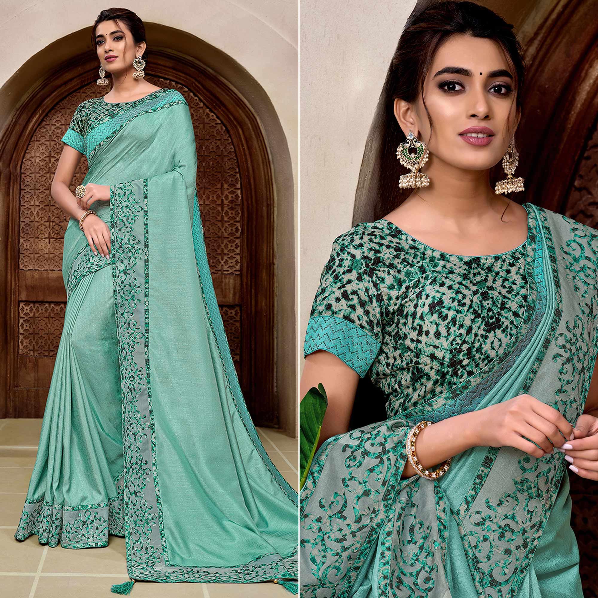 Aqua Blue Partywear Embellished Silk Saree - Peachmode