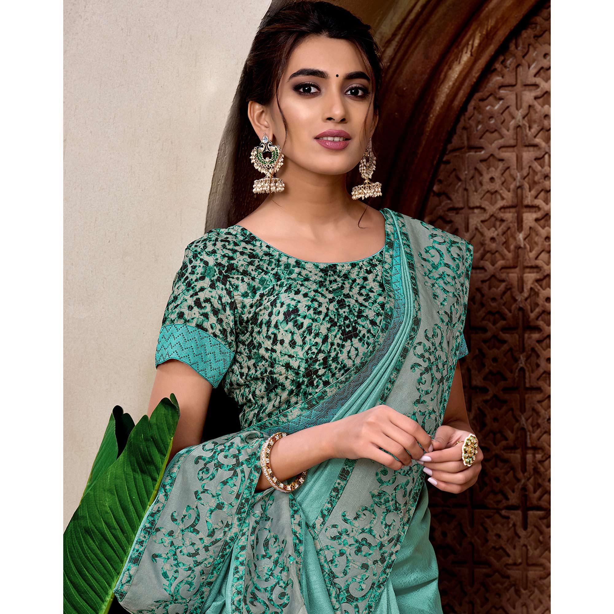 Aqua Blue Partywear Embellished Silk Saree - Peachmode