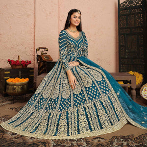 Aqua Blue Partywear Embroidered Net Anarkali Suit - Peachmode