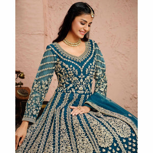 Aqua Blue Partywear Embroidered Net Anarkali Suit - Peachmode