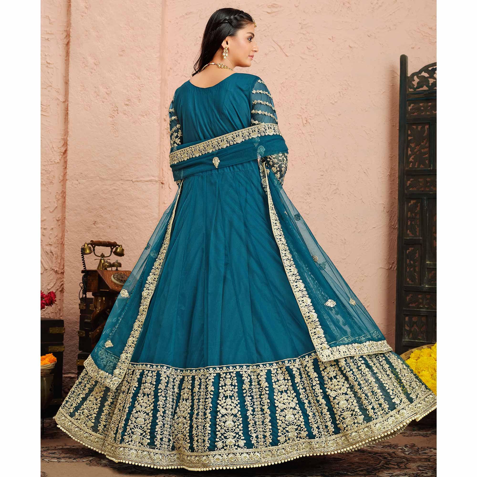 Aqua Blue Partywear Embroidered Net Anarkali Suit - Peachmode