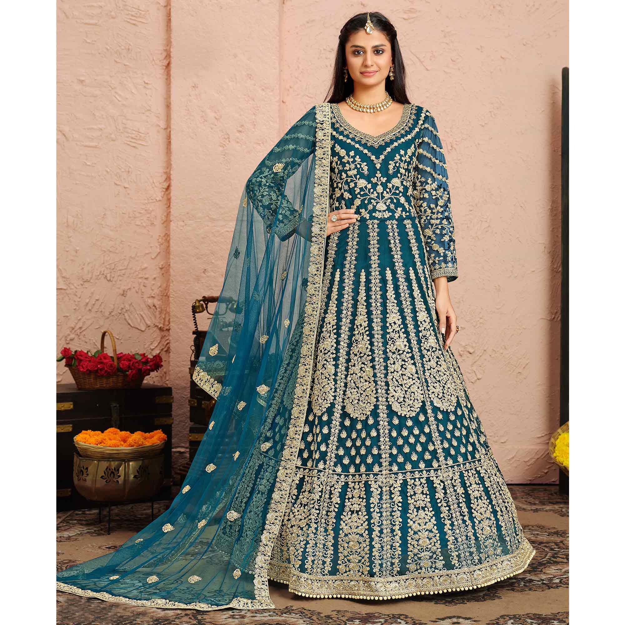 Aqua Blue Partywear Embroidered Net Anarkali Suit - Peachmode