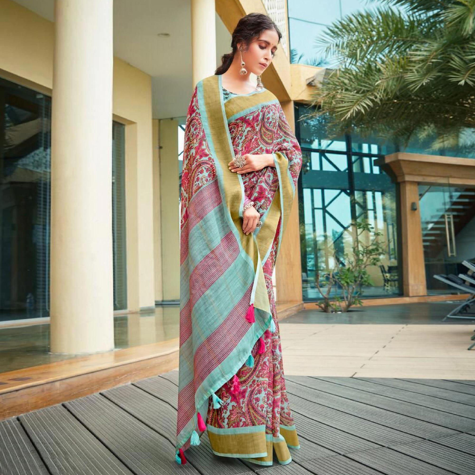 Aqua Blue - Pink Casual Wear Floral Printed Pure Linen Saree - Peachmode