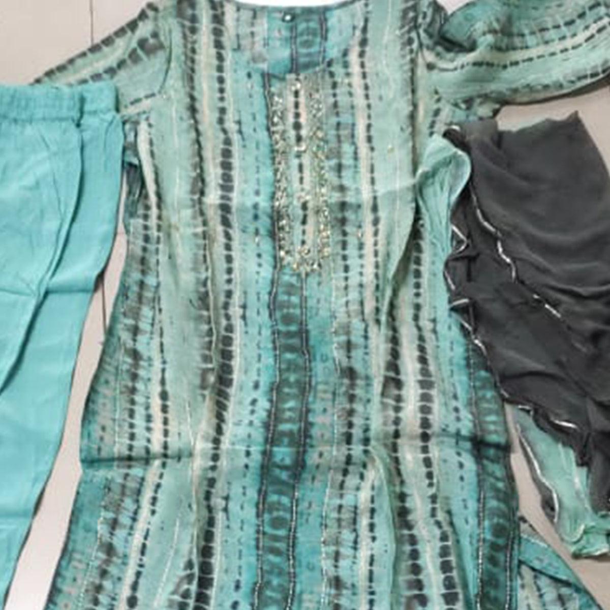 Aqua Blue Printed Cotton Silk Kurti Pant Set With Dupatta - Peachmode