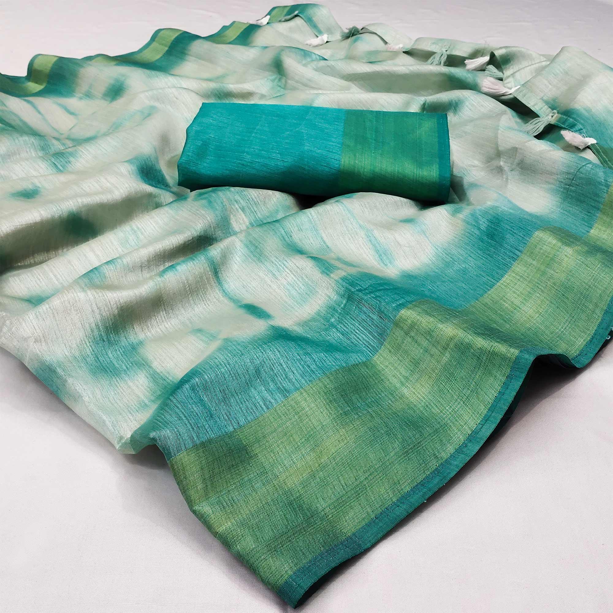 Aqua Blue Printed Poly Cotton Saree With Tassels - Peachmode
