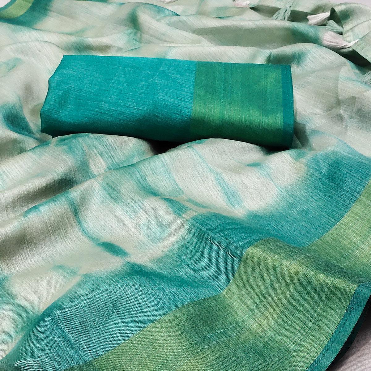 Aqua Blue Printed Poly Cotton Saree With Tassels - Peachmode