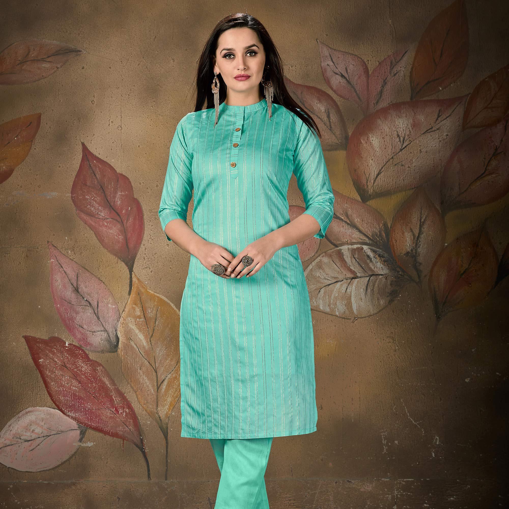 Aqua Blue Stripe Printed Cotton Blend Kurti - Peachmode