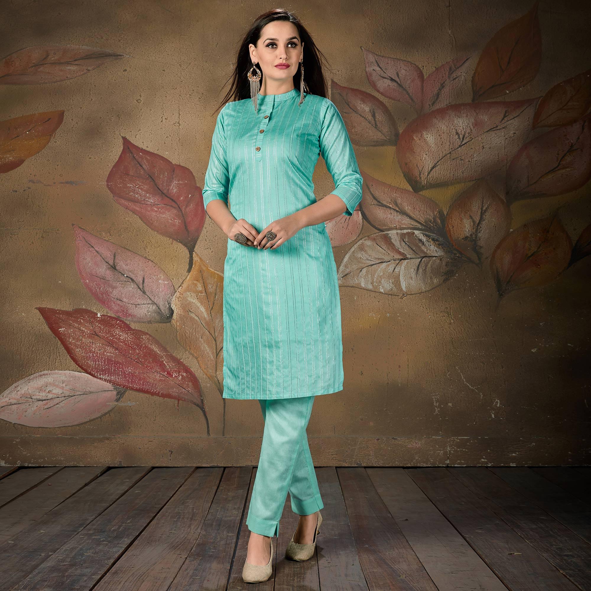Aqua Blue Stripe Printed Cotton Blend Kurti - Peachmode