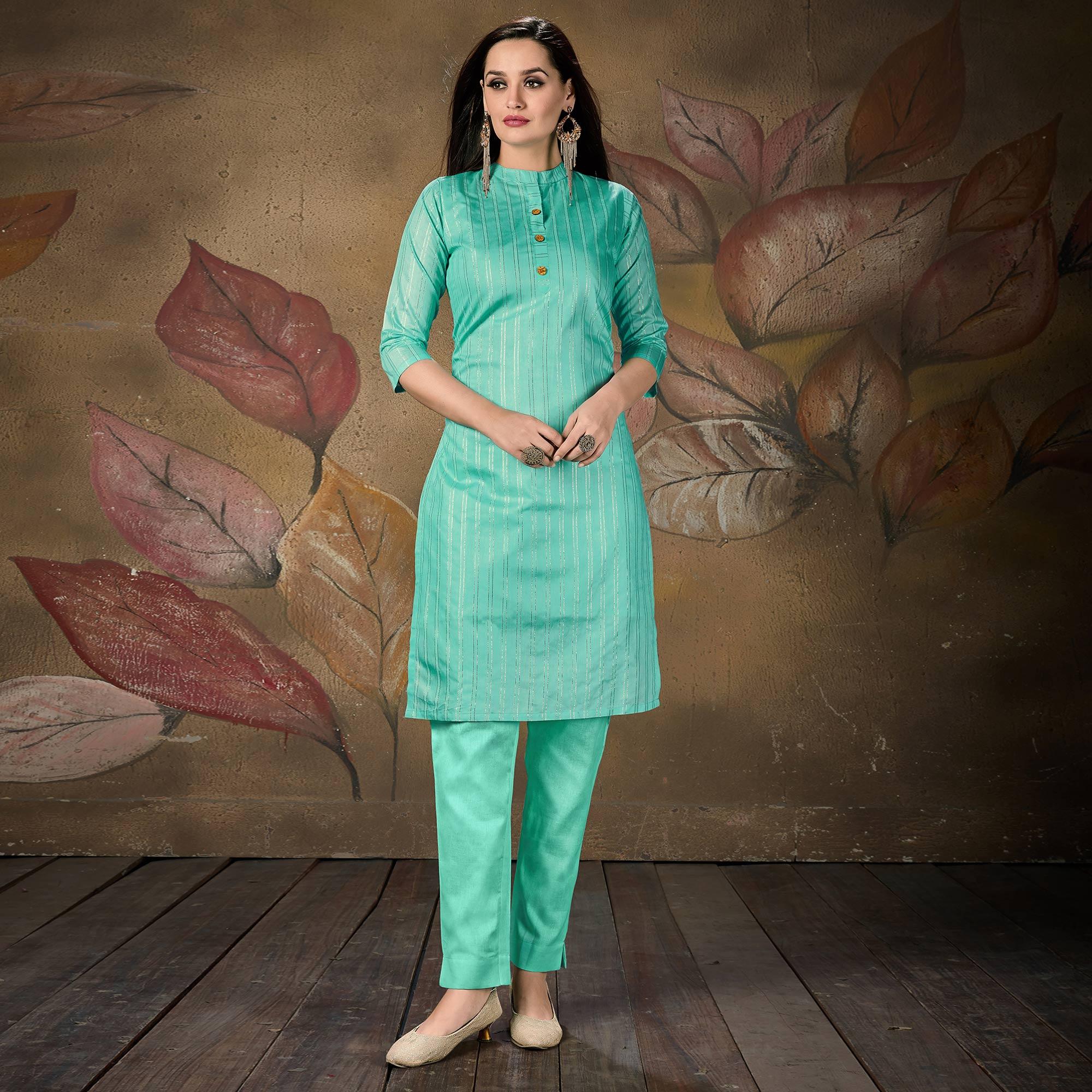 Aqua Blue Stripe Printed Cotton Blend Kurti - Peachmode