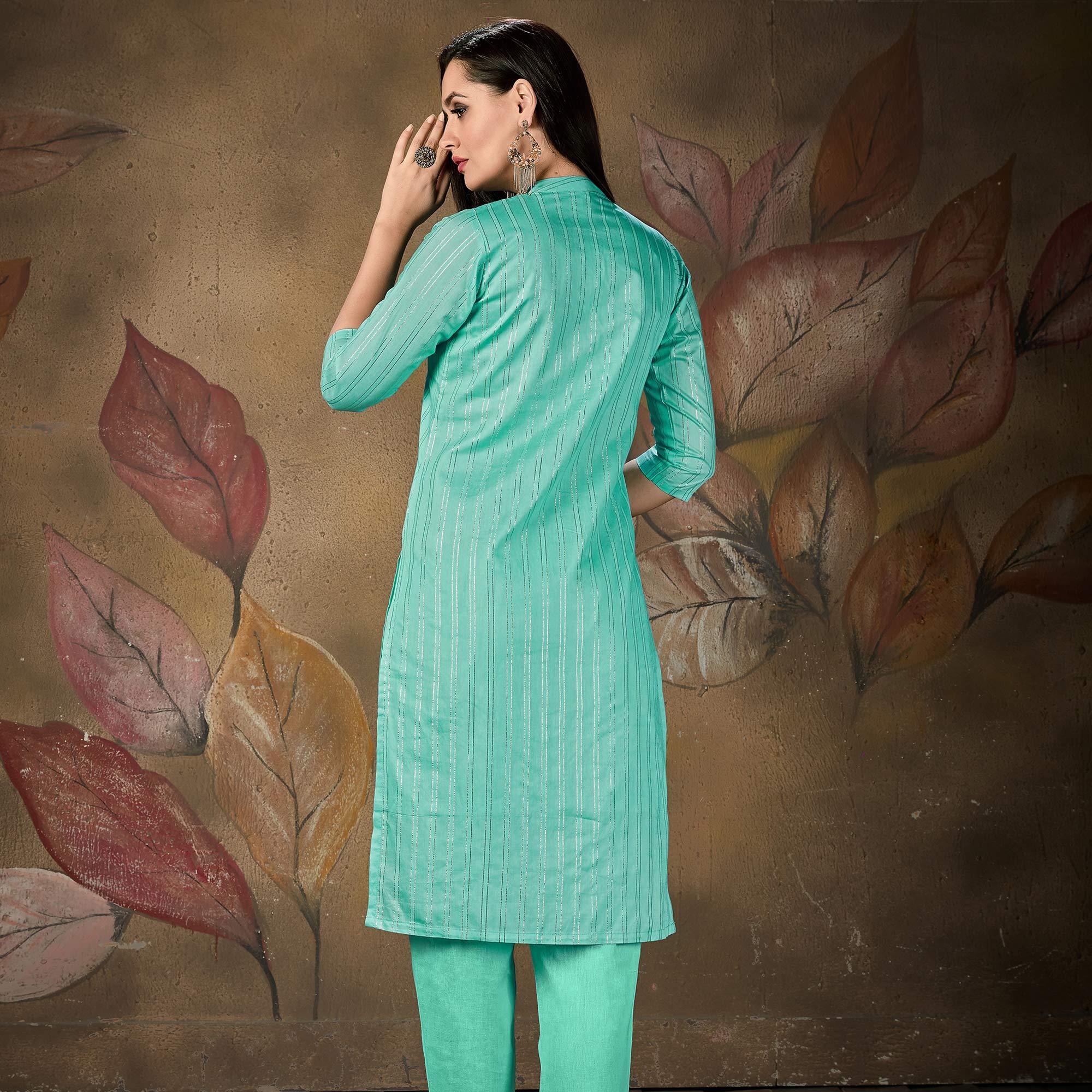 Aqua Blue Stripe Printed Cotton Blend Kurti - Peachmode