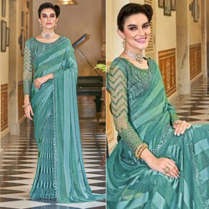 Aqua Blue Striped Art Silk Saree - Peachmode