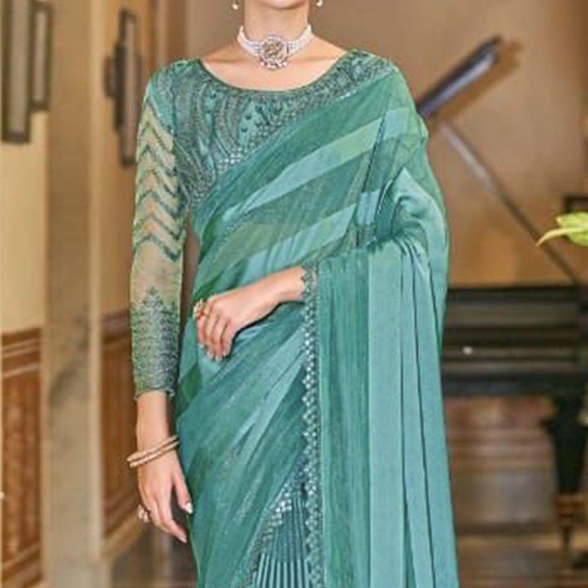 Aqua Blue Striped Art Silk Saree - Peachmode