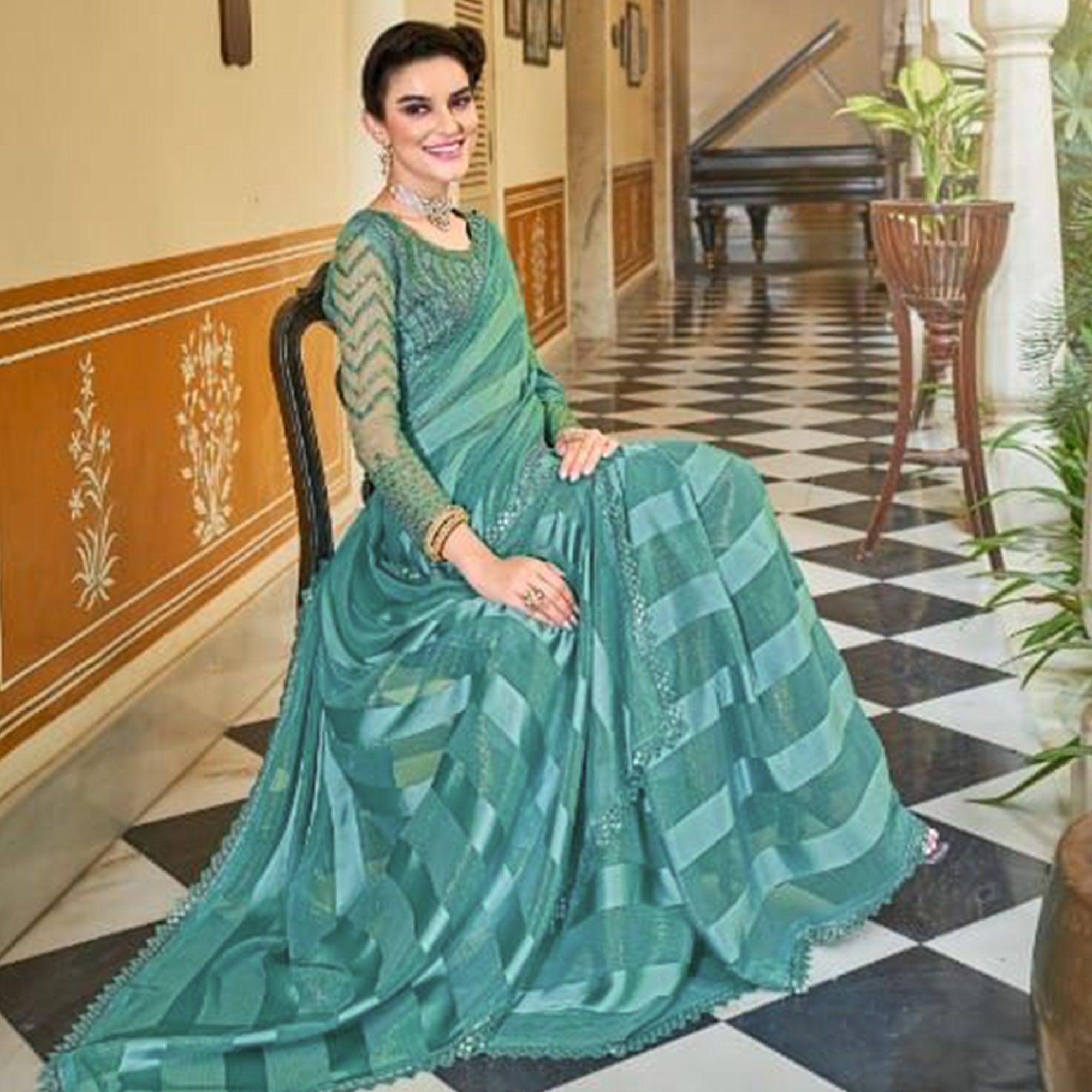 Aqua Blue Striped Art Silk Saree - Peachmode