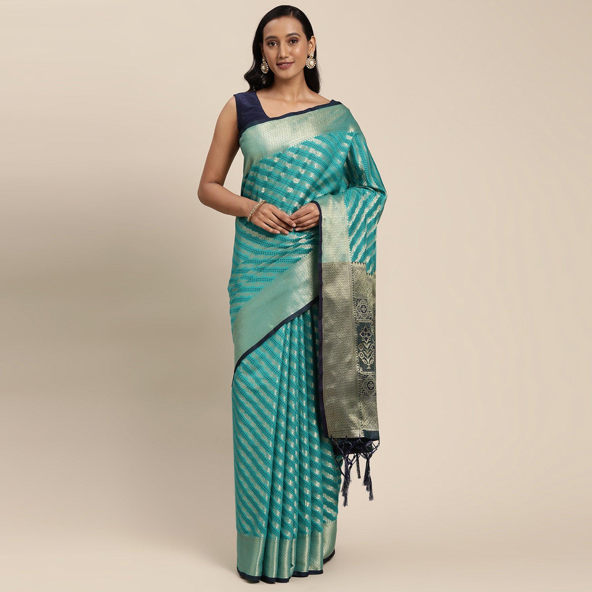 Aqua Blue Woven Art Silk Saree with Tassels - Peachmode