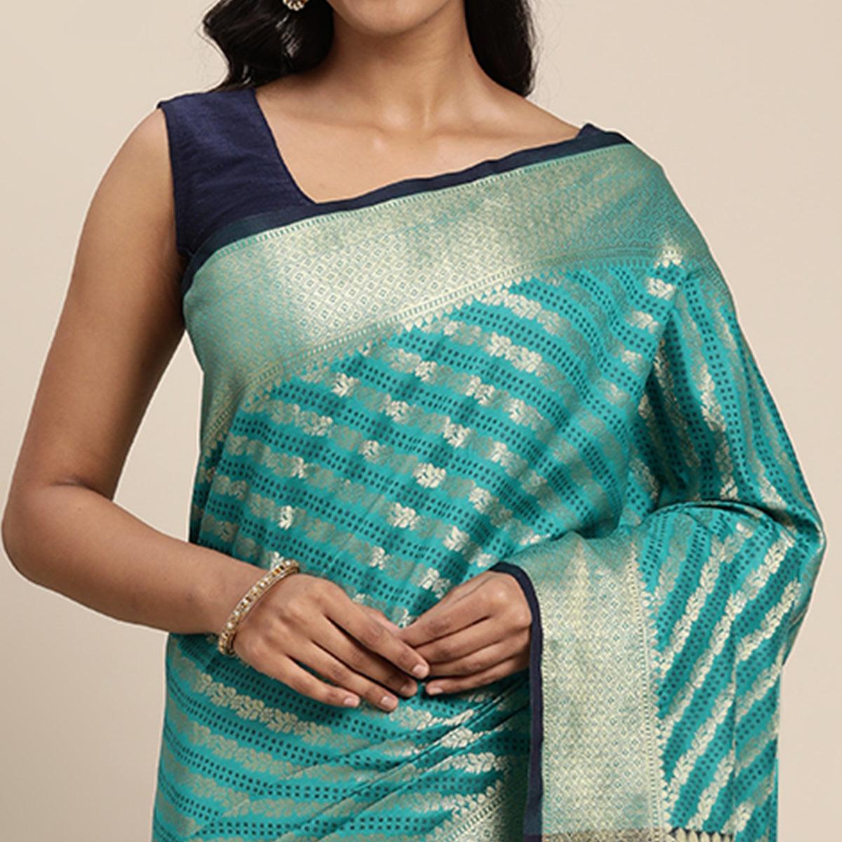Aqua Blue Woven Art Silk Saree with Tassels - Peachmode