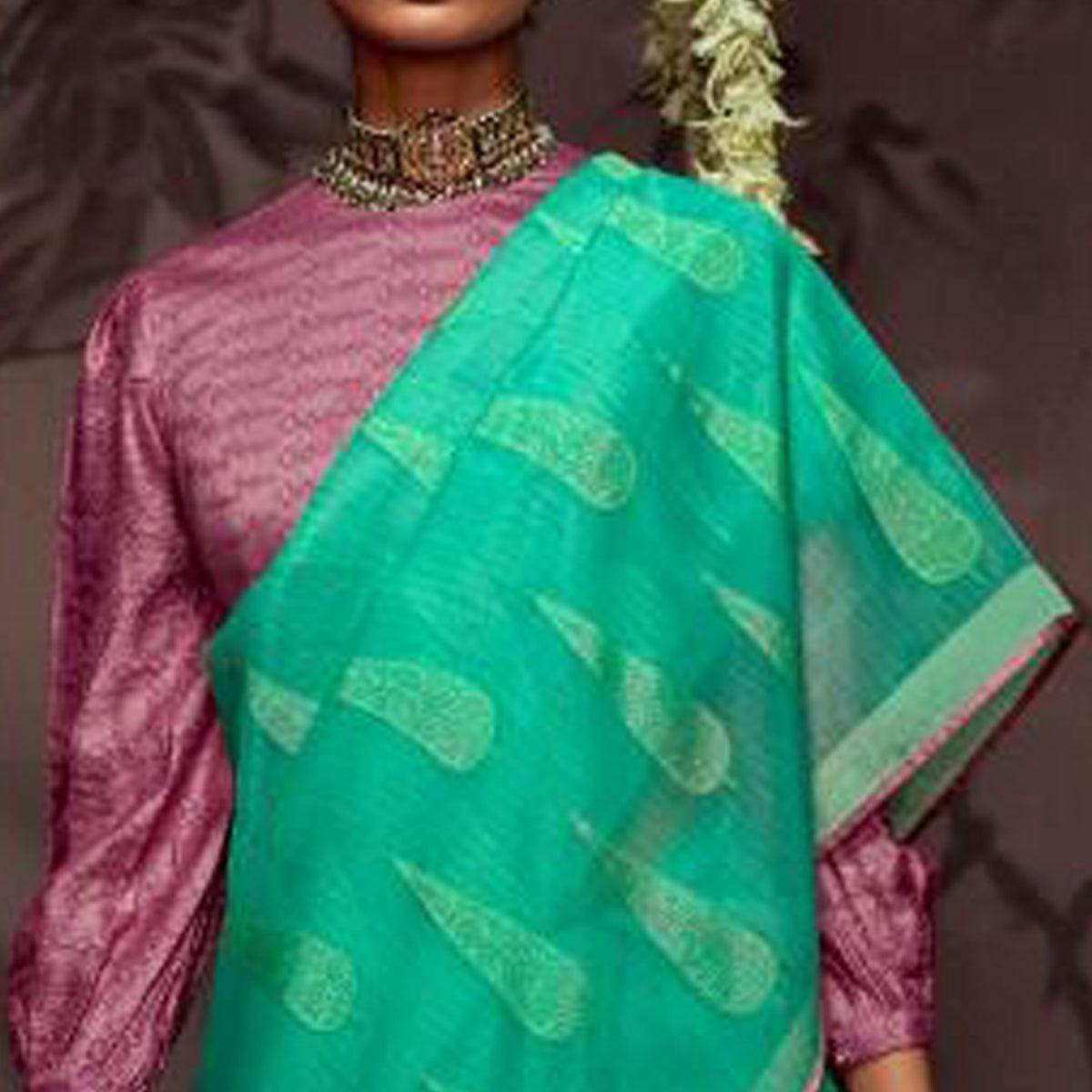 Aqua Blue Woven Brasso Saree With Tassels - Peachmode