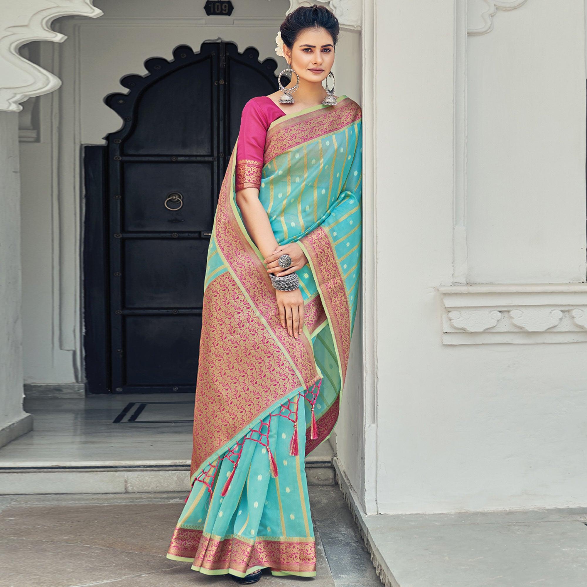 Aqua Blue Woven Organza Saree With Tassels - Peachmode