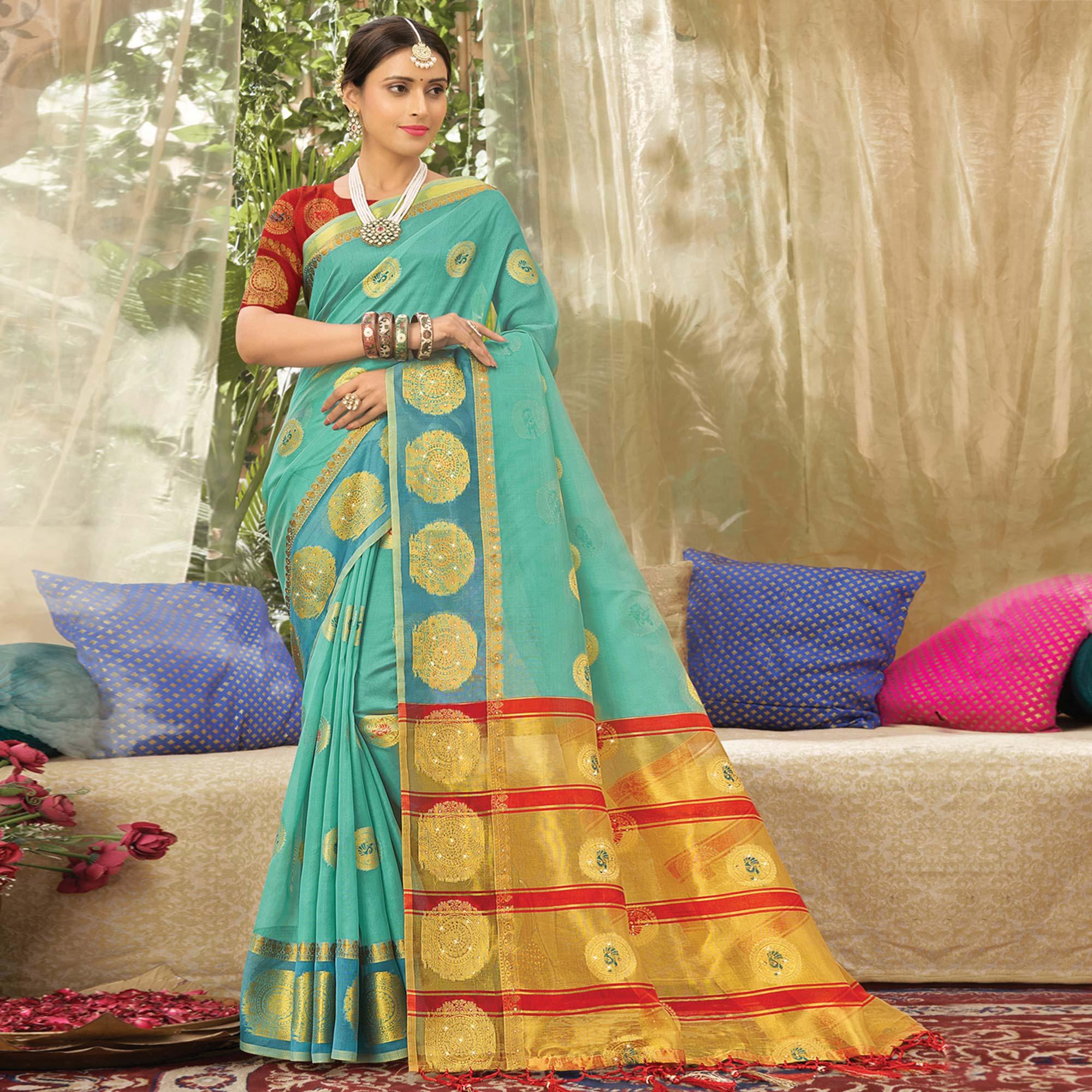 Aqua Blue Woven Organza Saree With Tassels - Peachmode