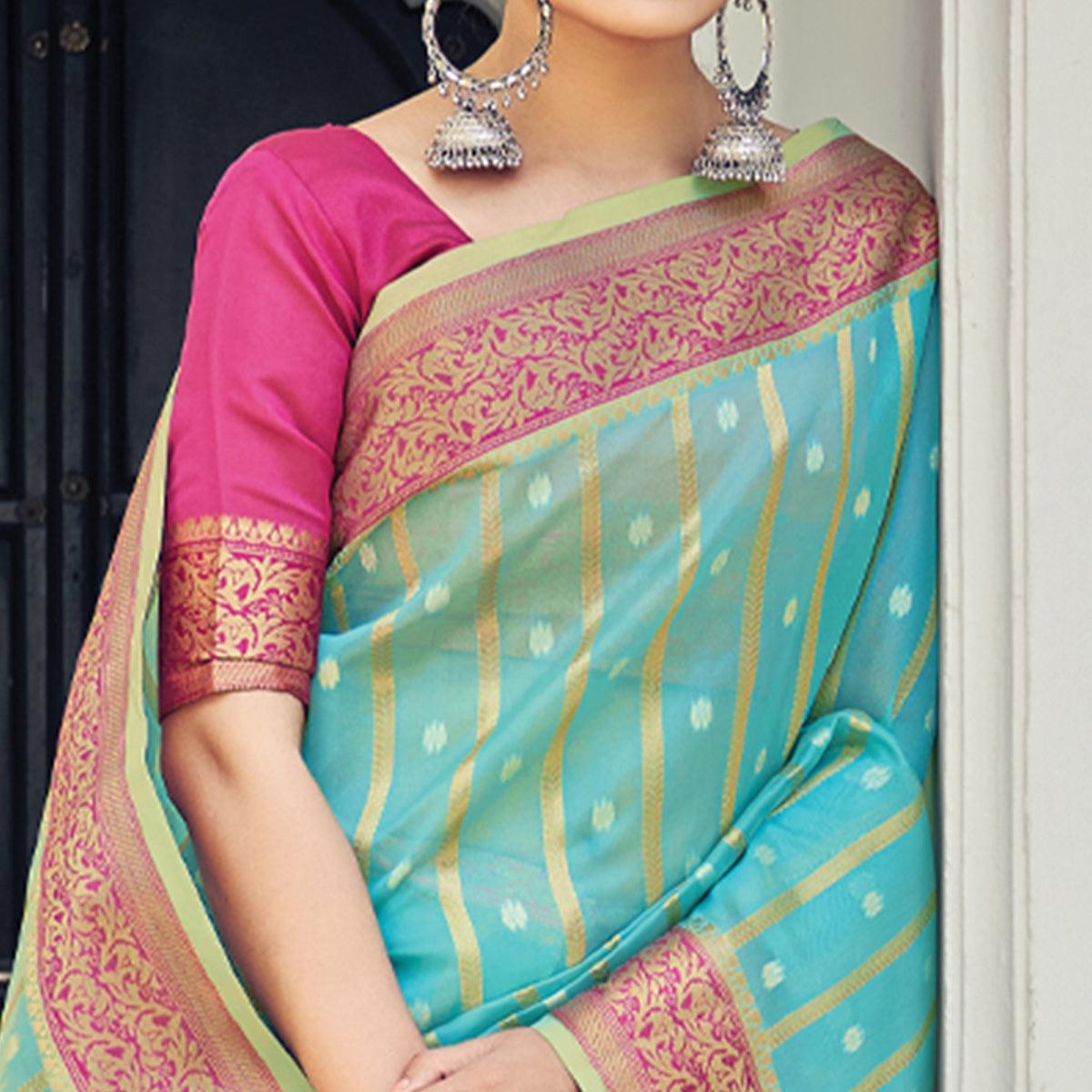Aqua Blue Woven Organza Saree With Tassels - Peachmode