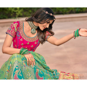Aqua Green & Pink Wedding Wear Floral Embroidered With Woven Banarasi Silk Lehenga Choli - Peachmode