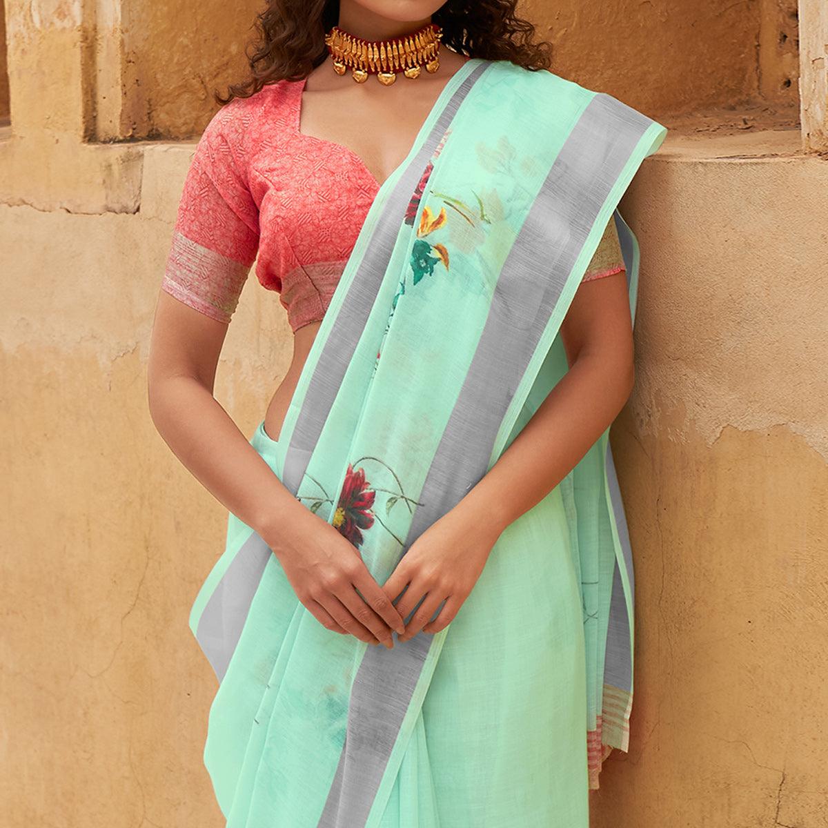 Aqua Green Casual Wear Floral Printed Zari Border Soft Linen Cotton Saree - Peachmode