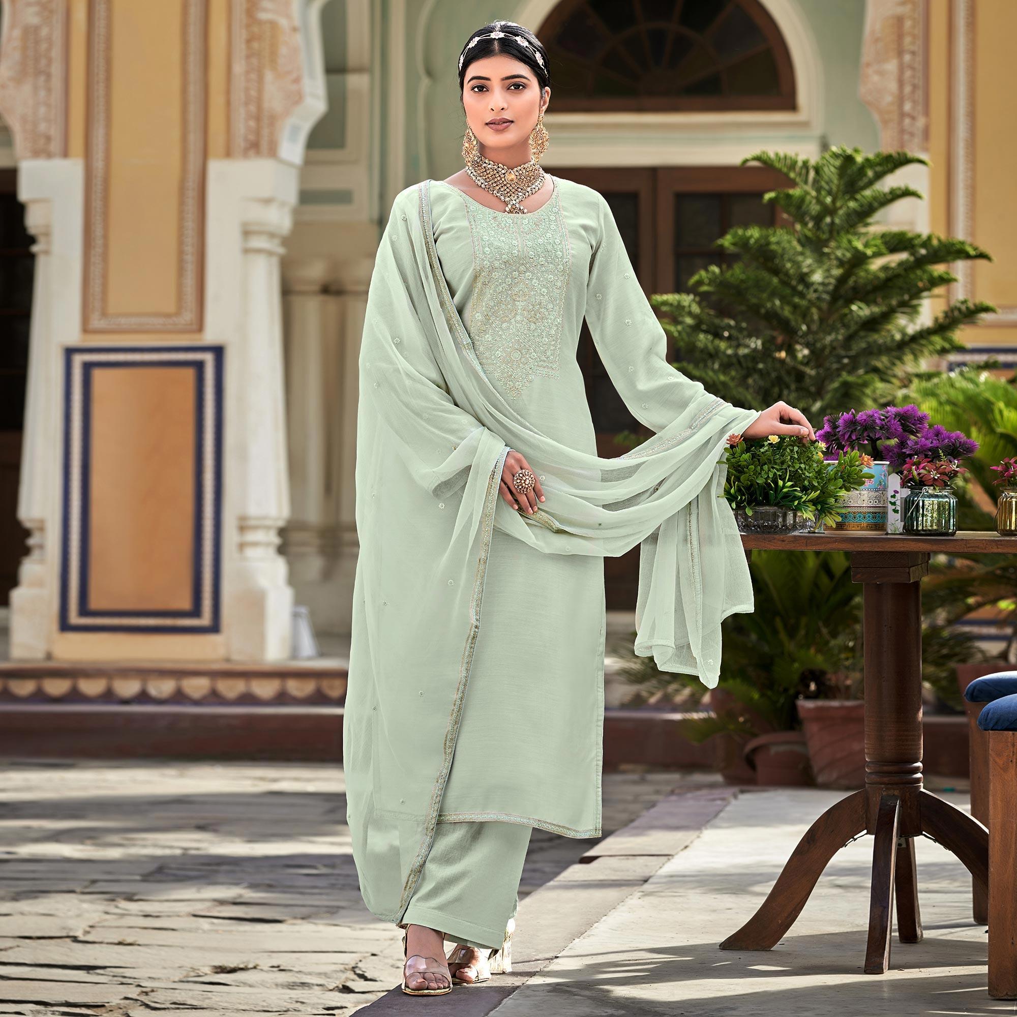 Aqua Green Embroidered Cotton Silk Suit - Peachmode