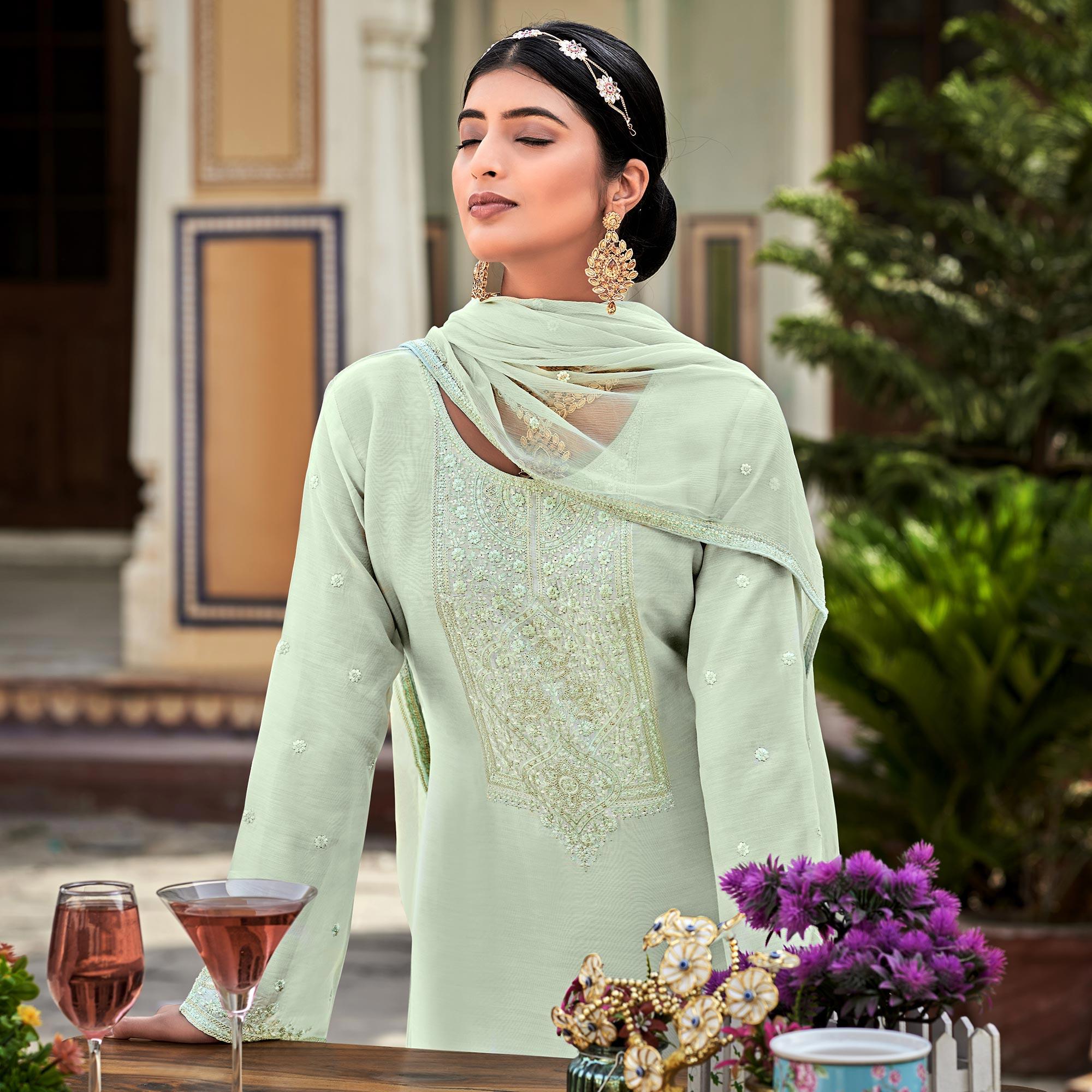 Aqua Green Embroidered Cotton Silk Suit - Peachmode