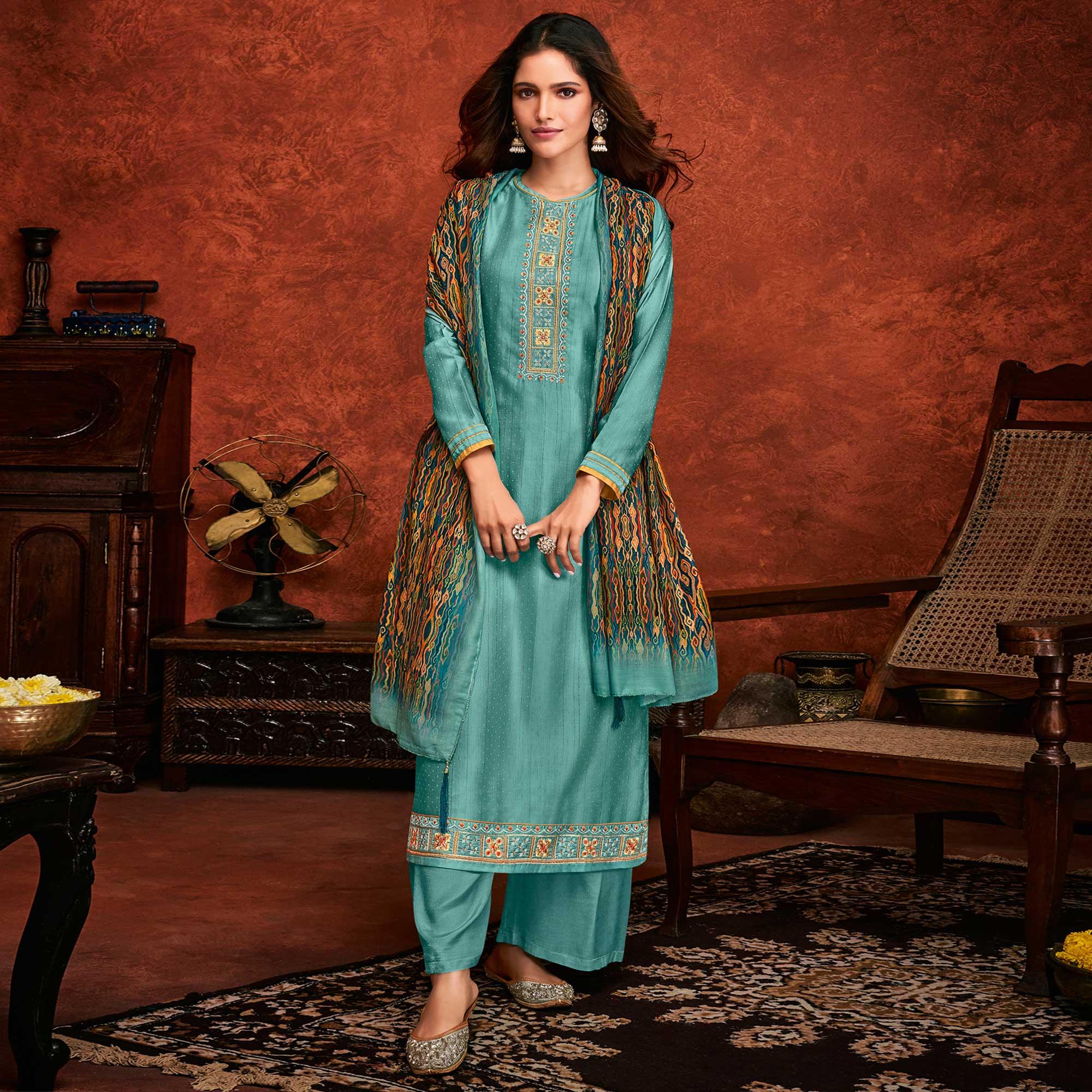 Aqua Green Embroidered Fiona Silk Partywear Suit - Peachmode