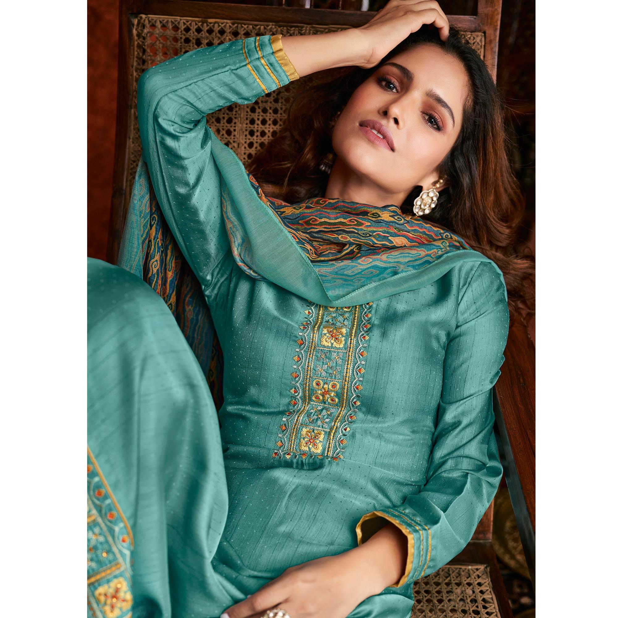 Aqua Green Embroidered Fiona Silk Partywear Suit - Peachmode