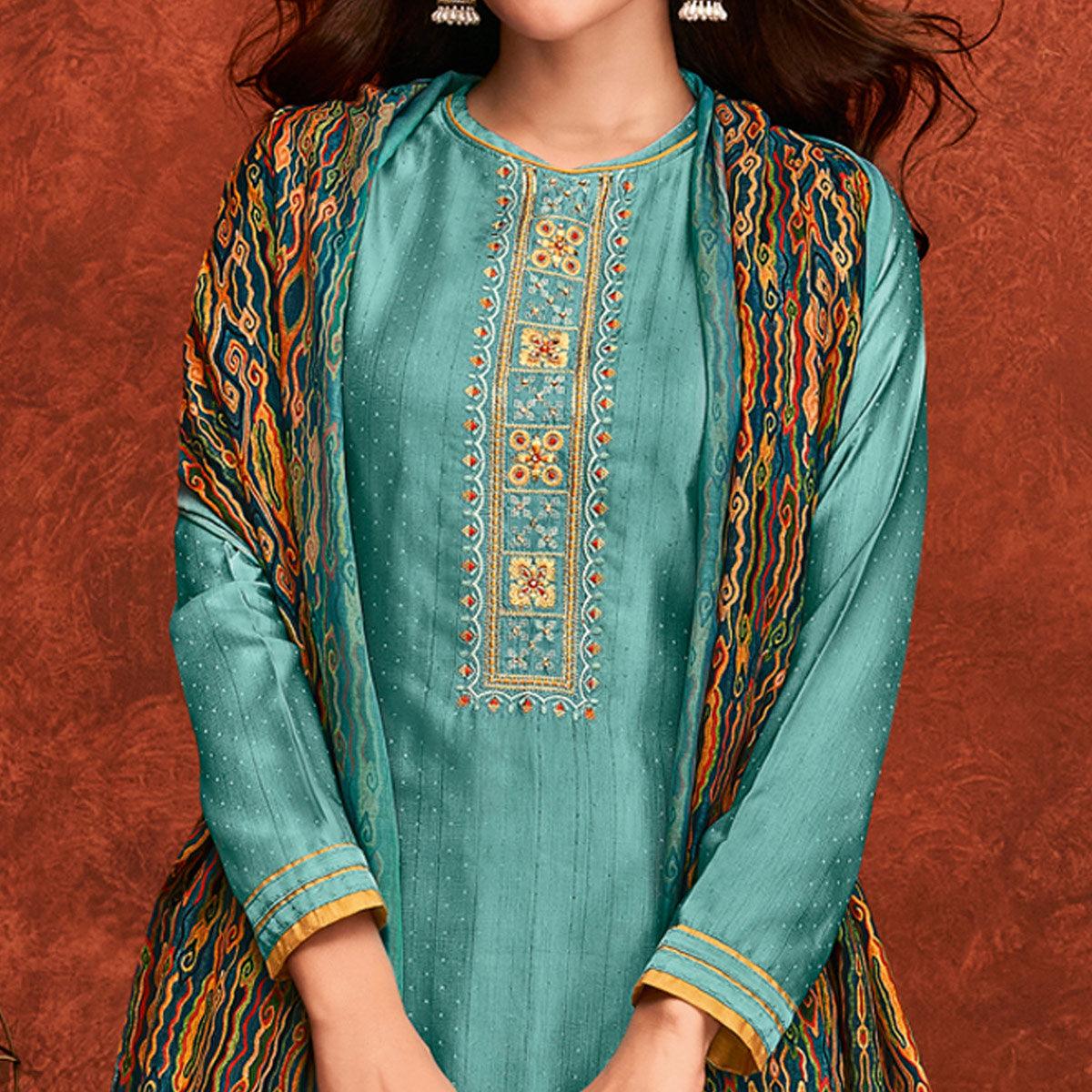 Aqua Green Embroidered Fiona Silk Partywear Suit - Peachmode