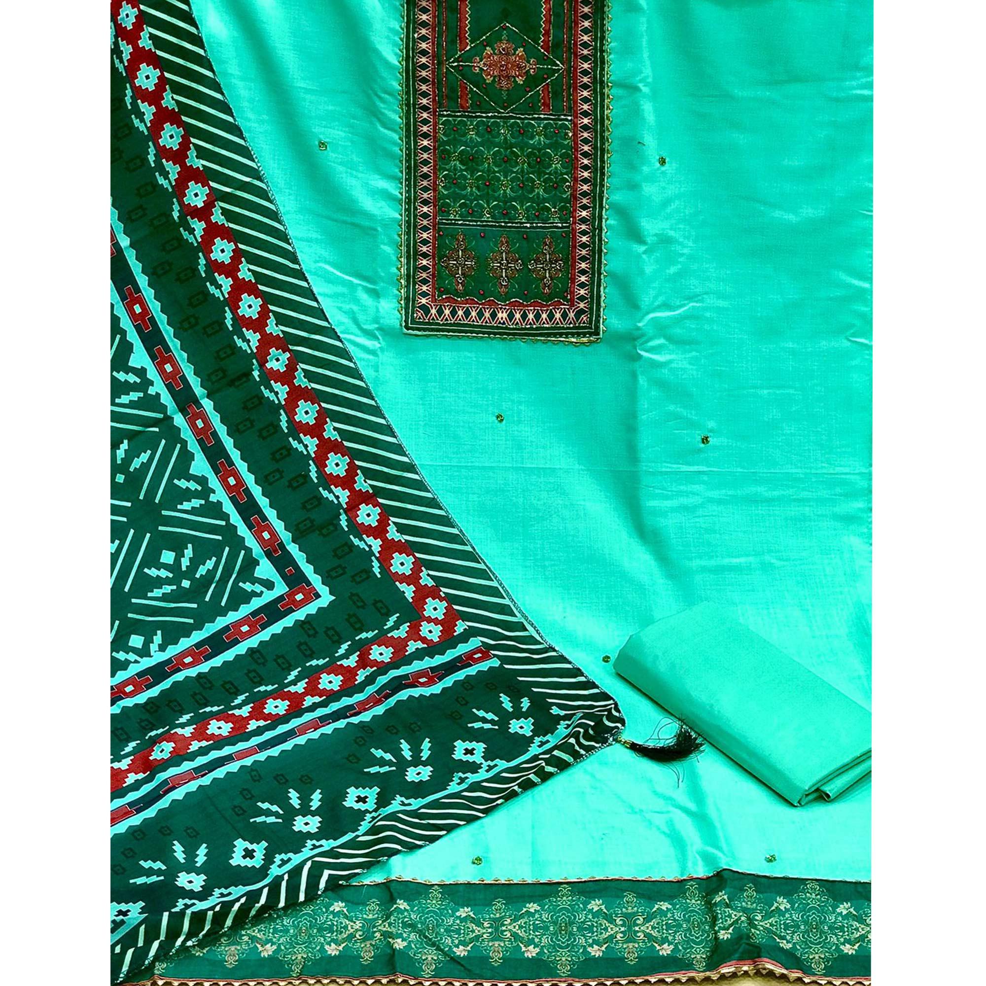 Aqua Green Embroidered Poly Cotton Dress Material - Peachmode