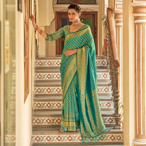 Aqua Green Festive Wear Kanjivaram Blended Silk Saree With Tassels - Peachmode