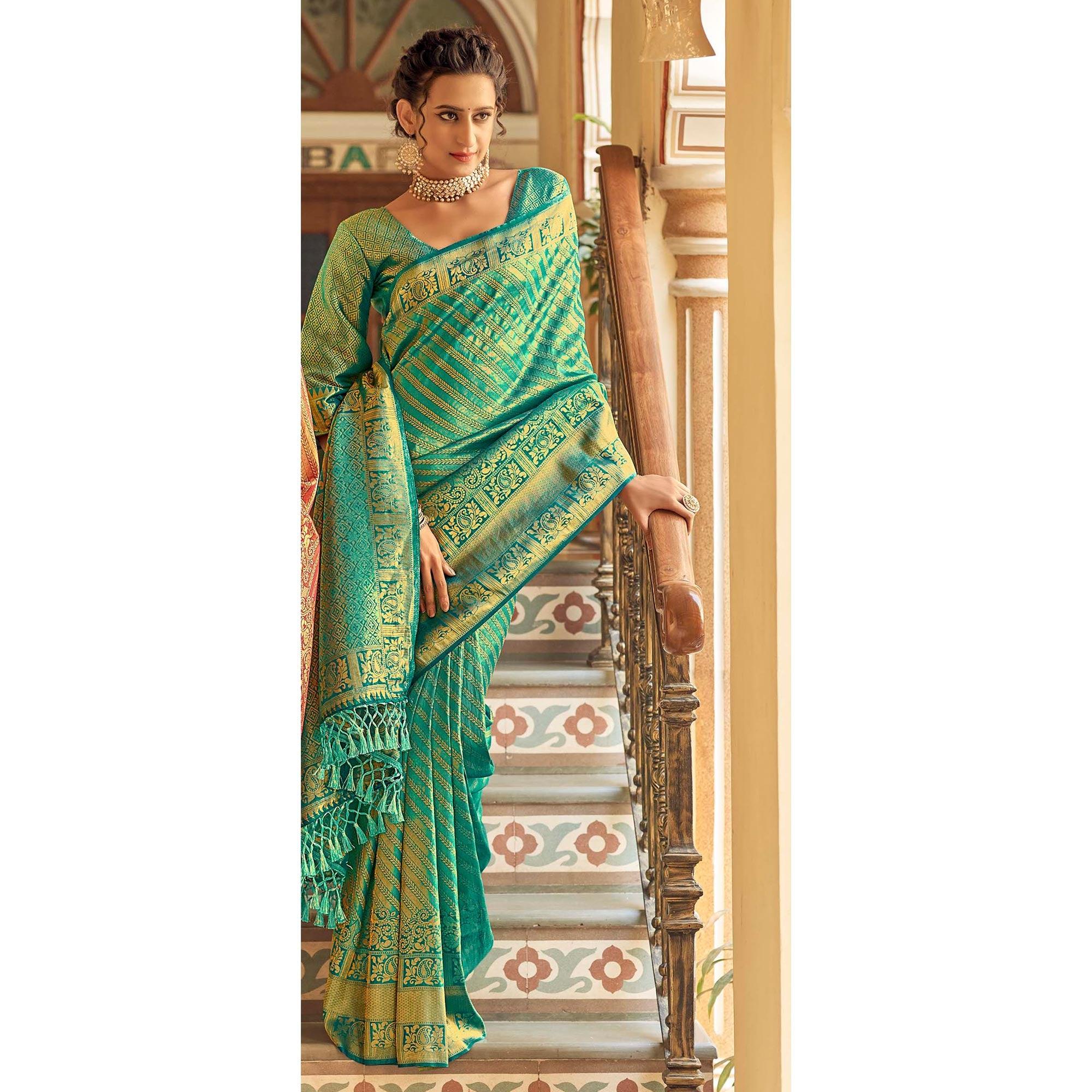 Aqua Green Festive Wear Kanjivaram Blended Silk Saree With Tassels - Peachmode
