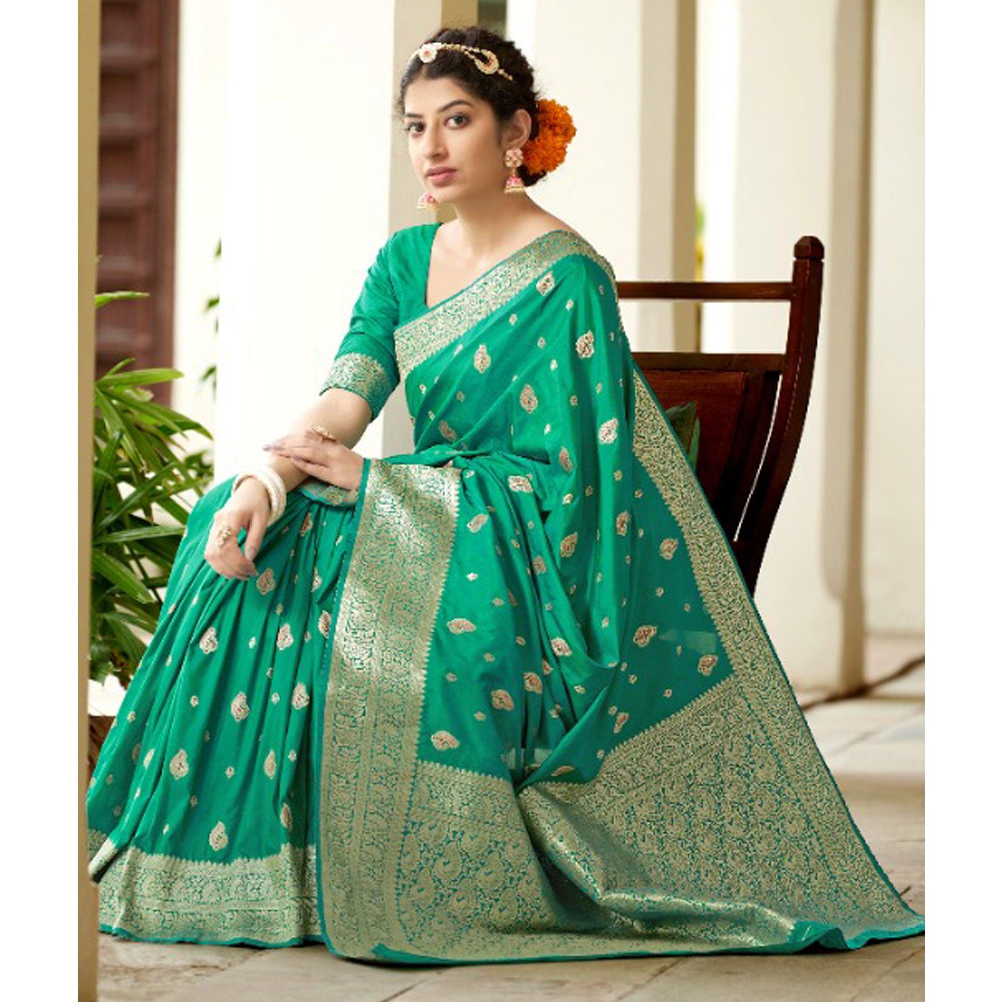 Aqua Green Festive Wear Woven Banarasi Silk Saree - Peachmode