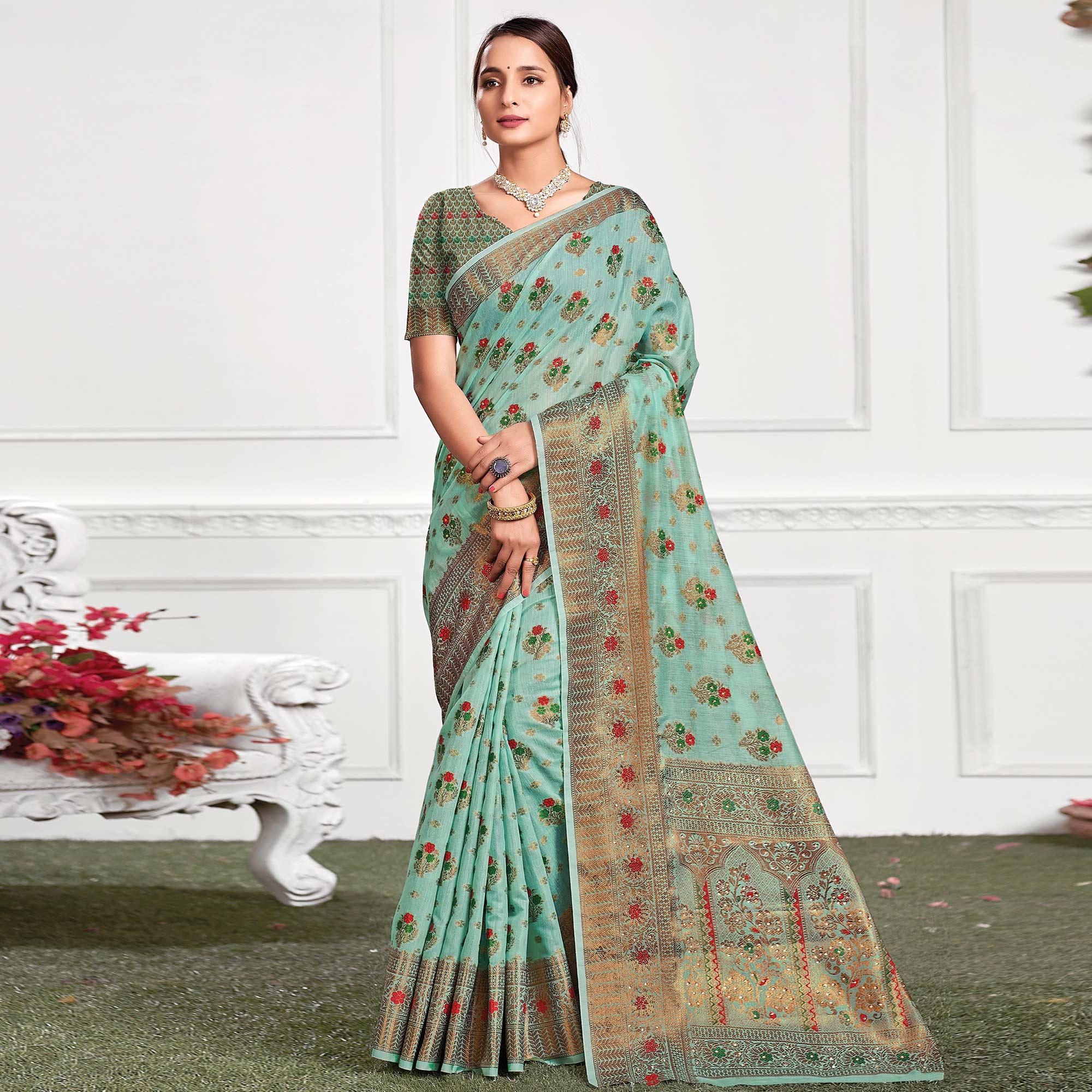 Aqua Green Festive Wear Woven-Embellished Cotton Saree - Peachmode