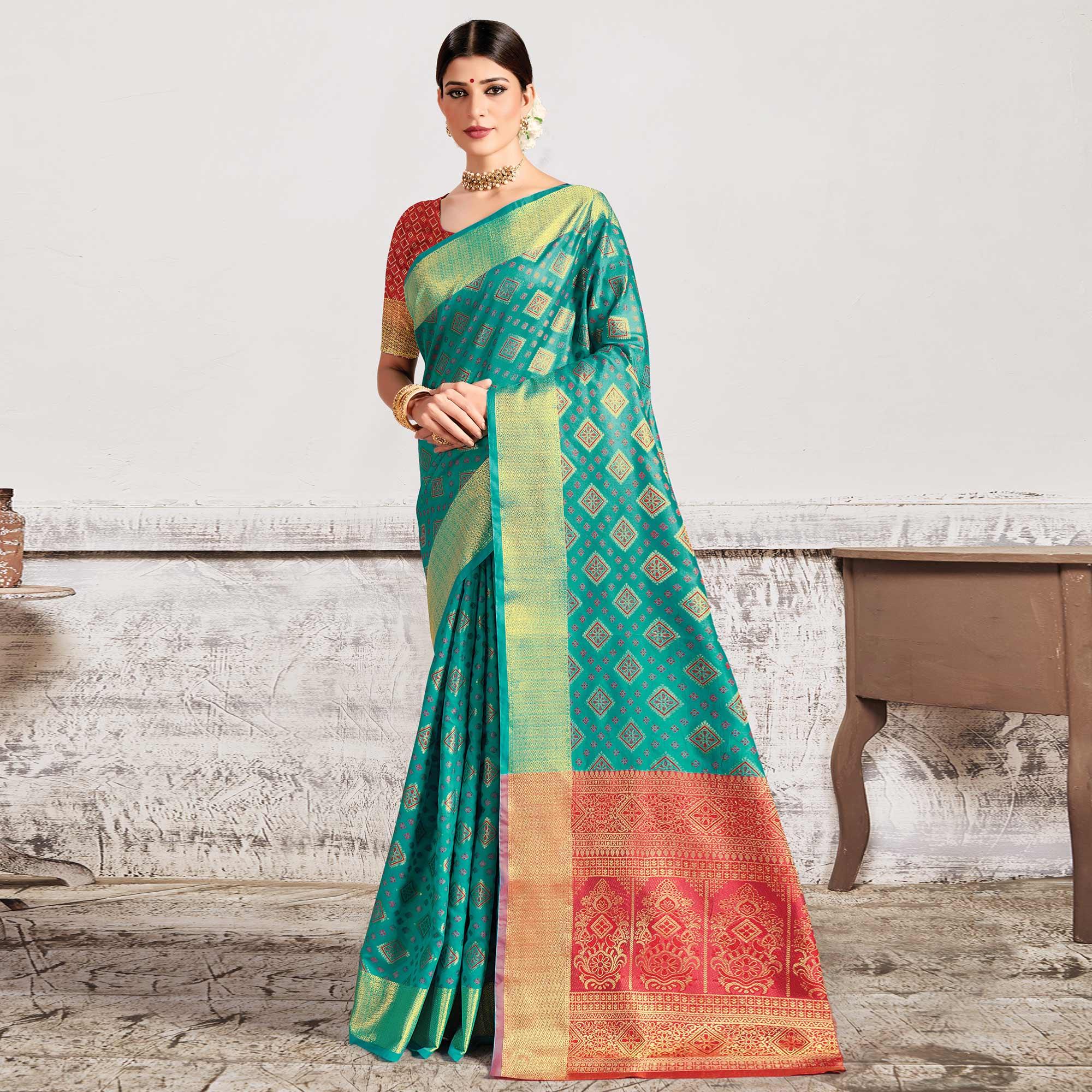 Aqua Green Festive Wear Woven Patola Silk Saree - Peachmode