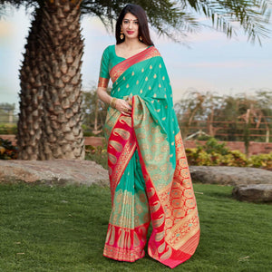 Aqua Green Festive Wear Woven Soft Banarasi Silk Saree - Peachmode