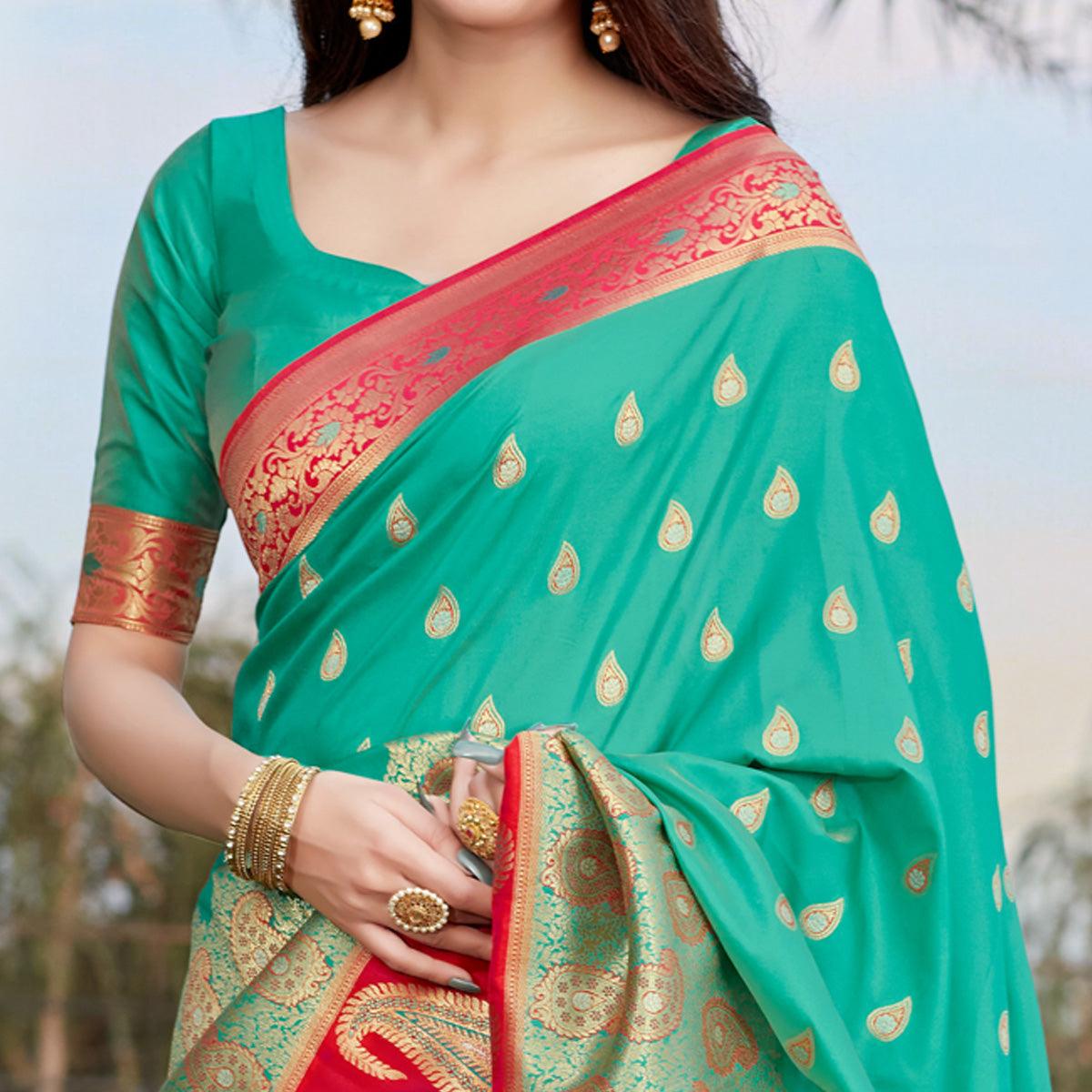Aqua Green Festive Wear Woven Soft Banarasi Silk Saree - Peachmode