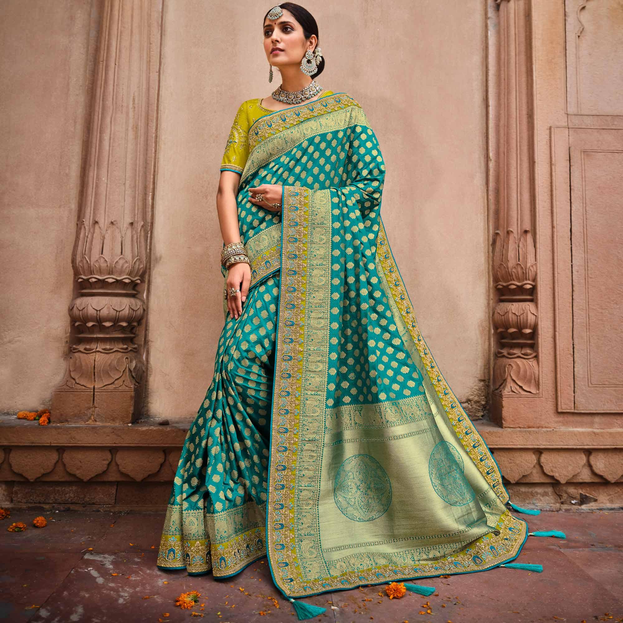 Aqua Green Festive Wear Woven With Zari & Diamond Work Banarasi Silk Saree - Peachmode