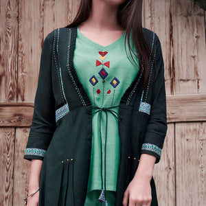 Aqua Green-Green Partywear Embroidered Rayon Top-Bottom Set With Shrug - Peachmode