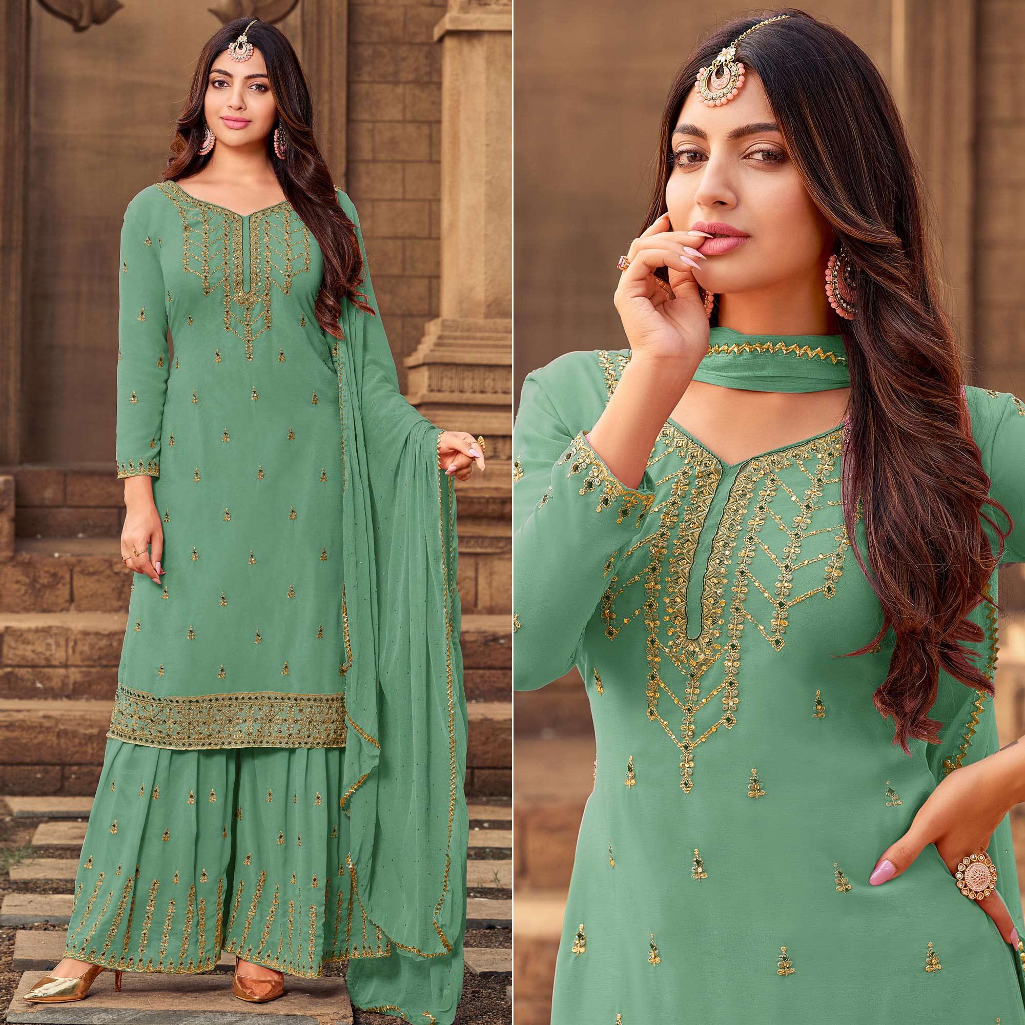 Aqua Green Party Wear Embroidered & Embellished Georgette Palazzo Suit - Peachmode