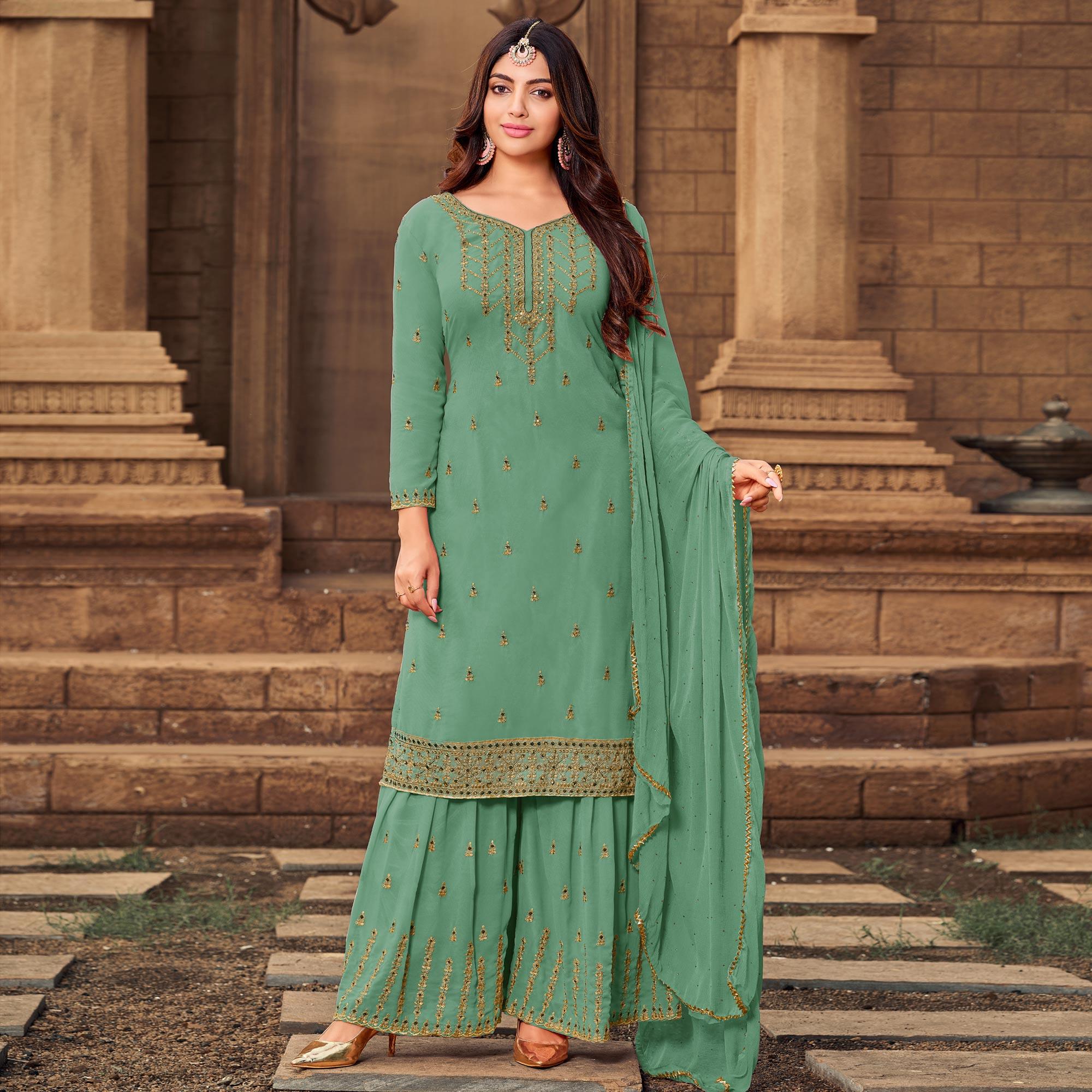 Aqua Green Party Wear Embroidered & Embellished Georgette Palazzo Suit - Peachmode