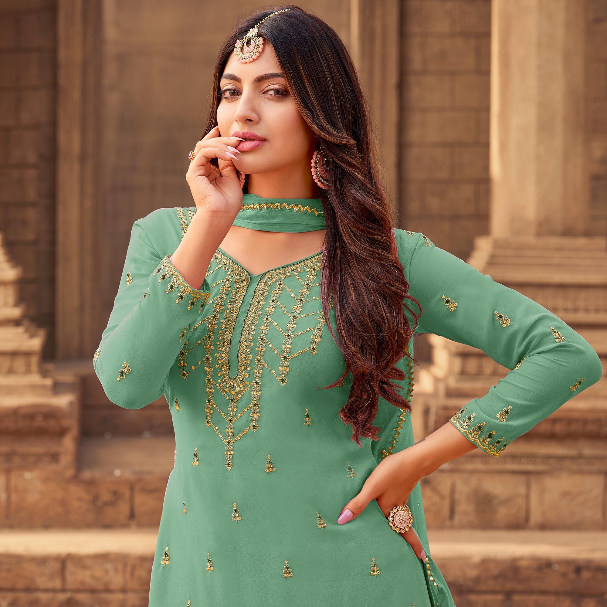 Aqua Green Party Wear Embroidered & Embellished Georgette Palazzo Suit - Peachmode