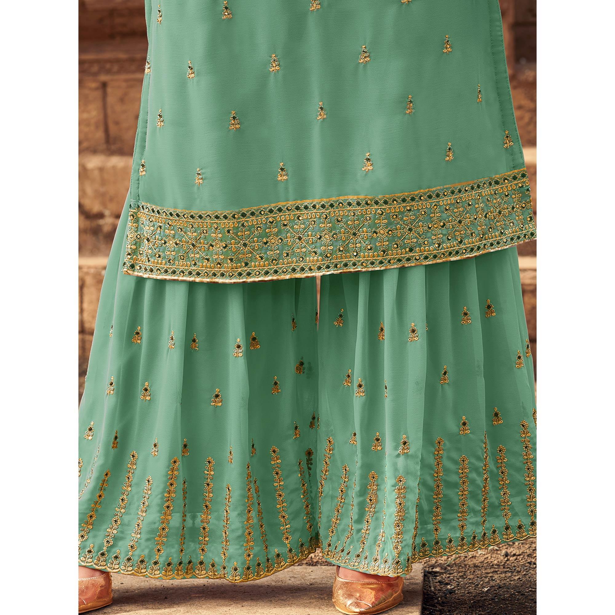Aqua Green Party Wear Embroidered & Embellished Georgette Palazzo Suit - Peachmode