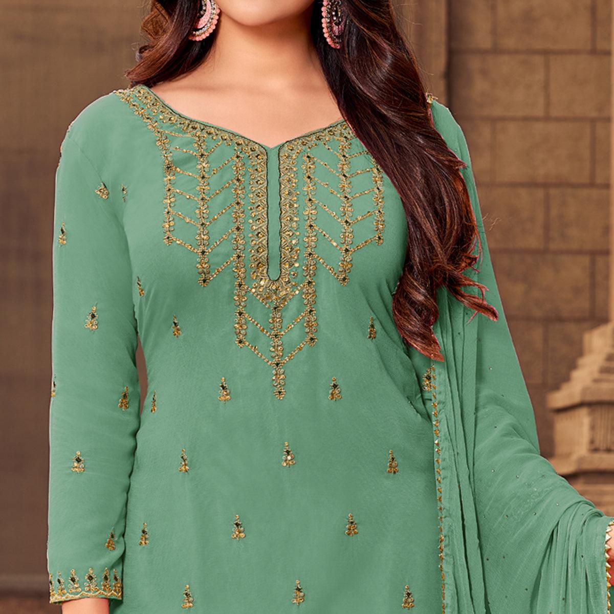 Aqua Green Party Wear Embroidered & Embellished Georgette Palazzo Suit - Peachmode