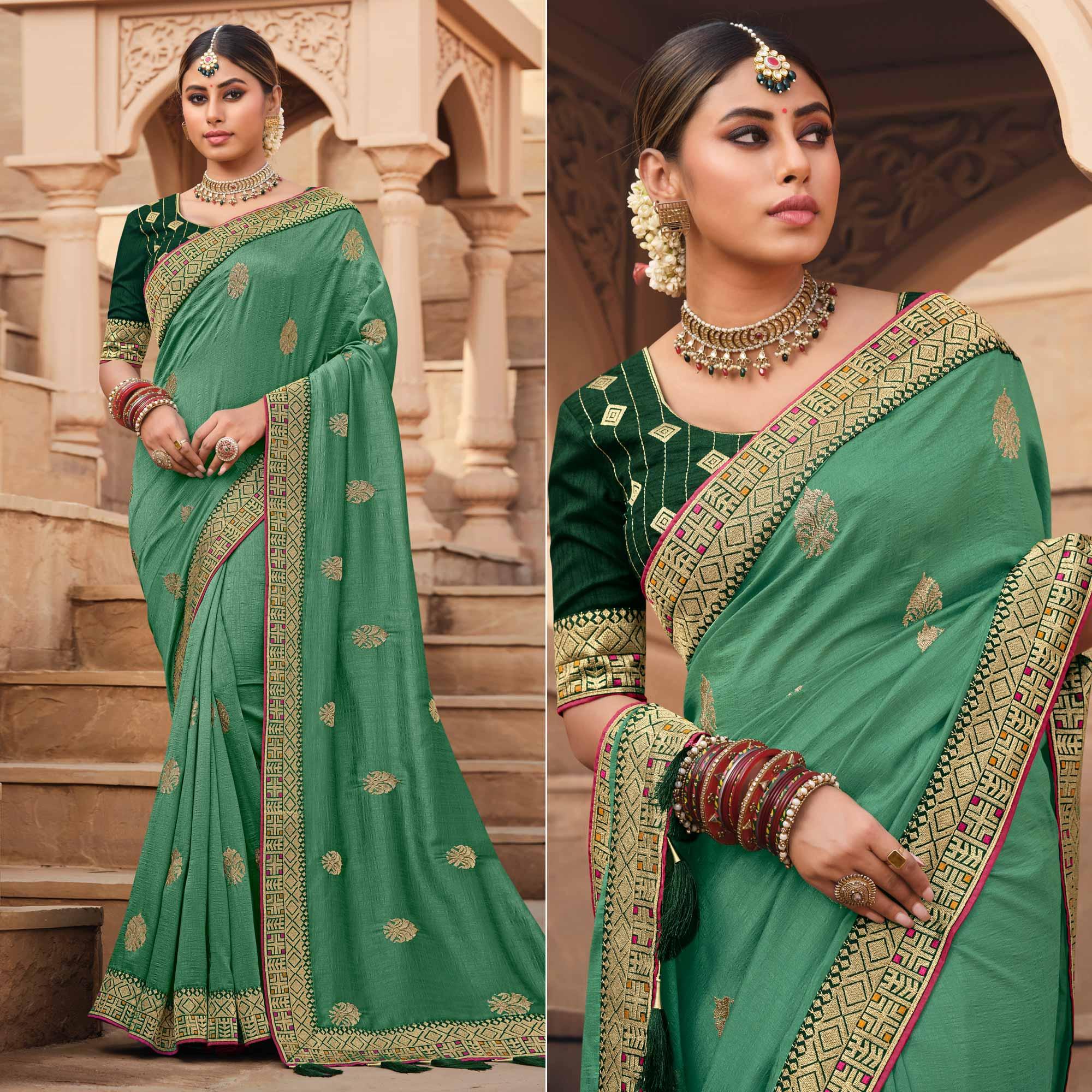 Aqua Green Party Wear Embroidered Art Silk Saree - Peachmode