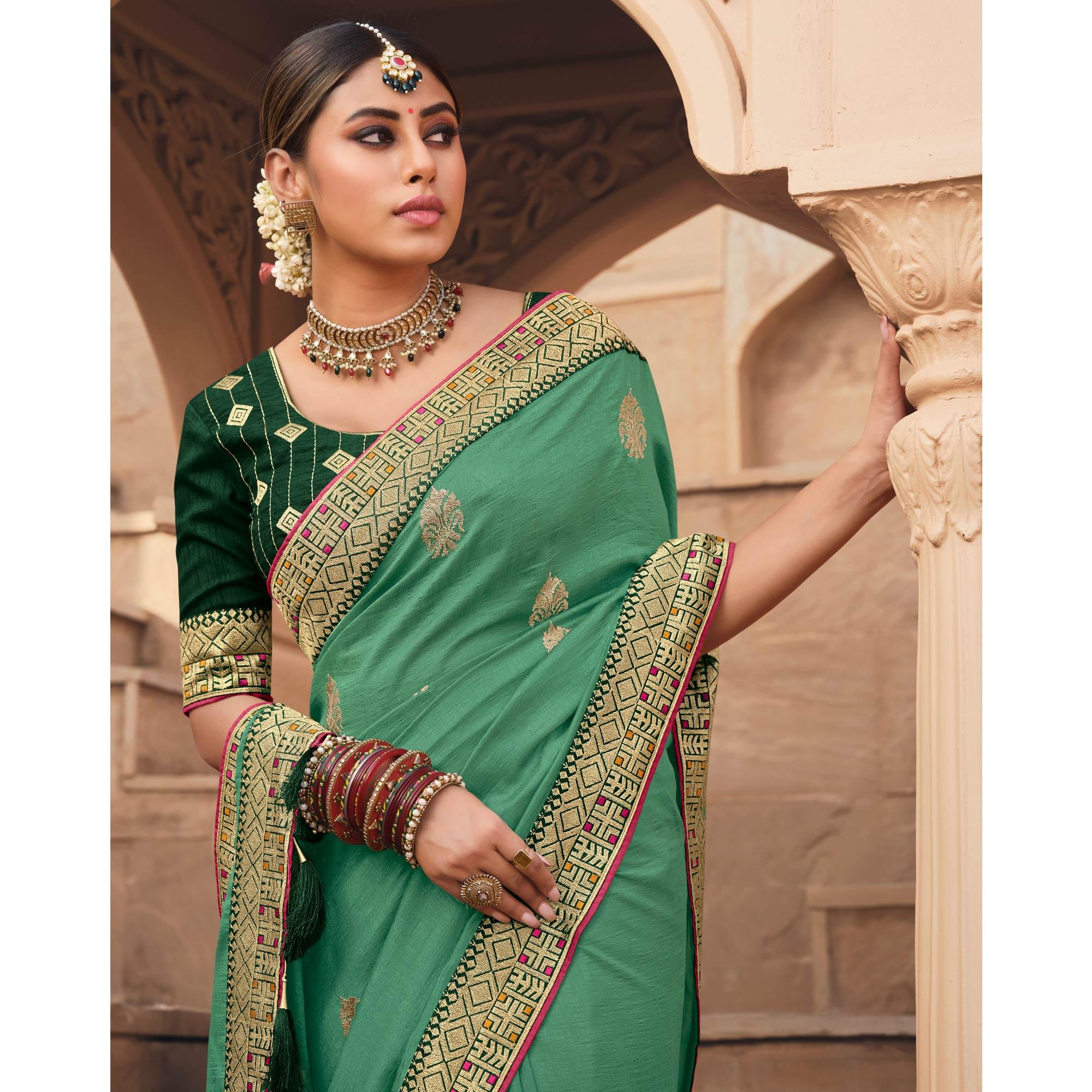 Aqua Green Party Wear Embroidered Art Silk Saree - Peachmode