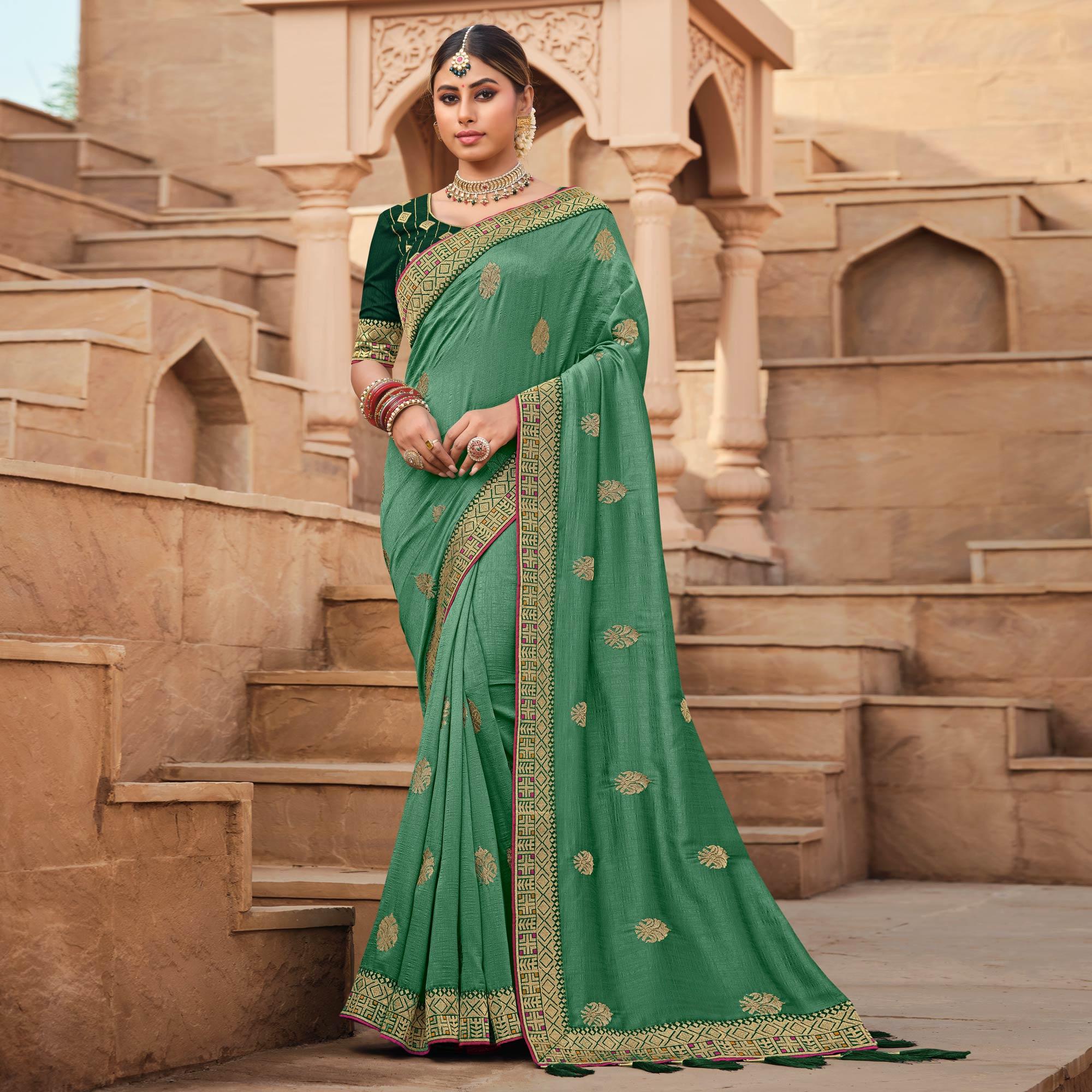 Aqua Green Party Wear Embroidered Art Silk Saree - Peachmode