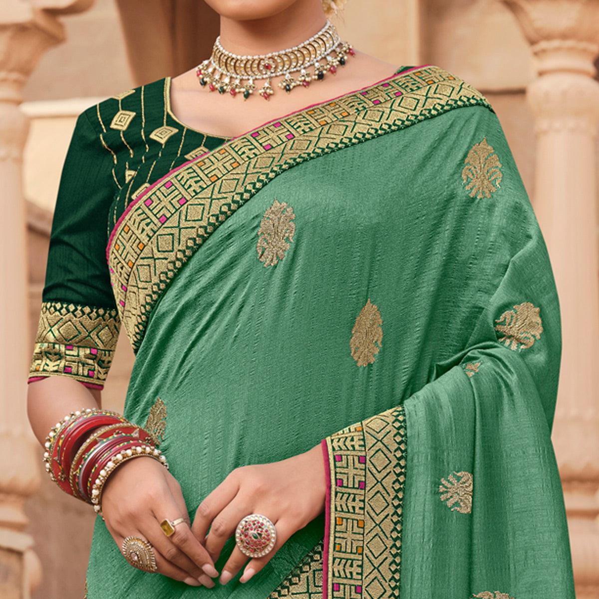 Aqua Green Party Wear Embroidered Art Silk Saree - Peachmode