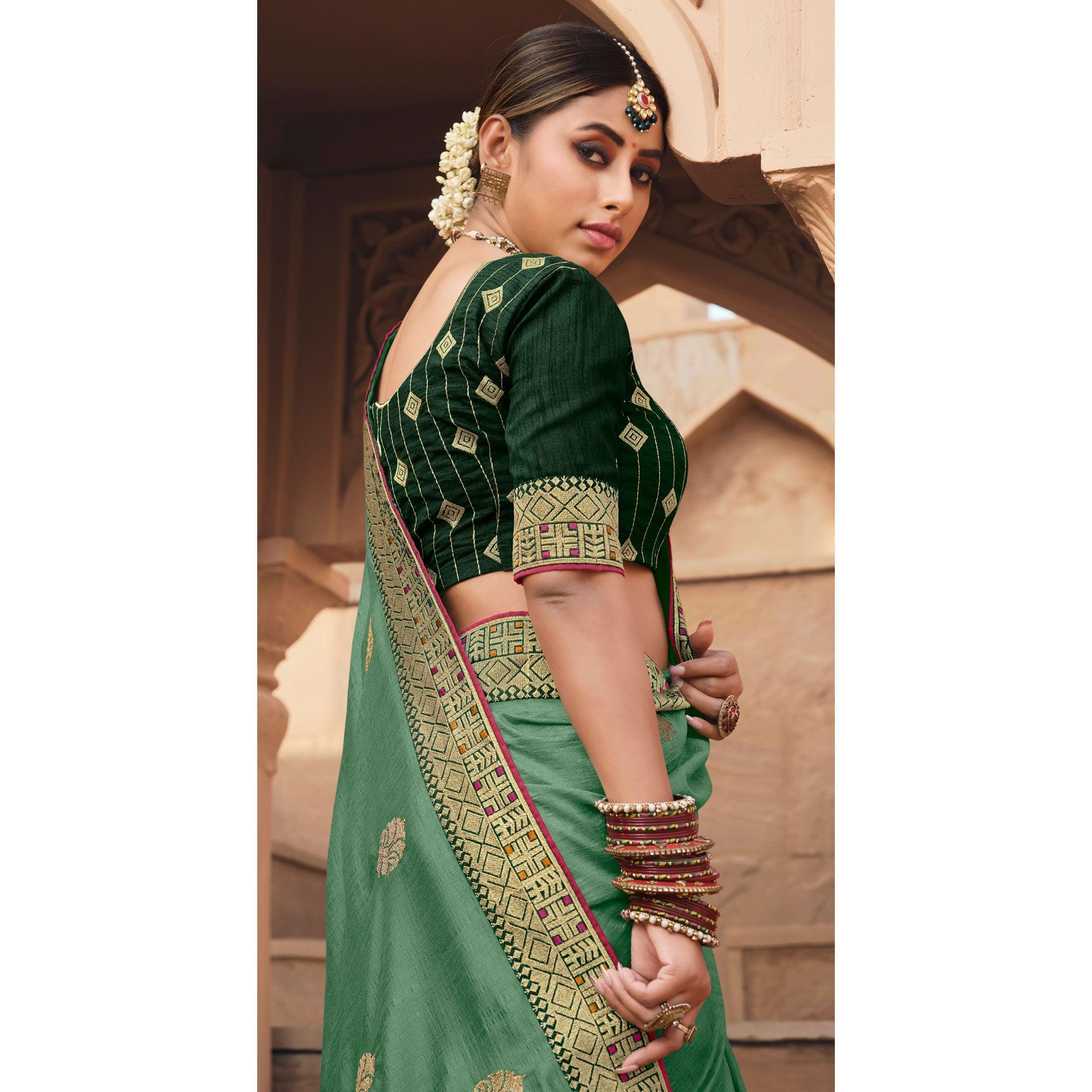 Aqua Green Party Wear Embroidered Art Silk Saree - Peachmode